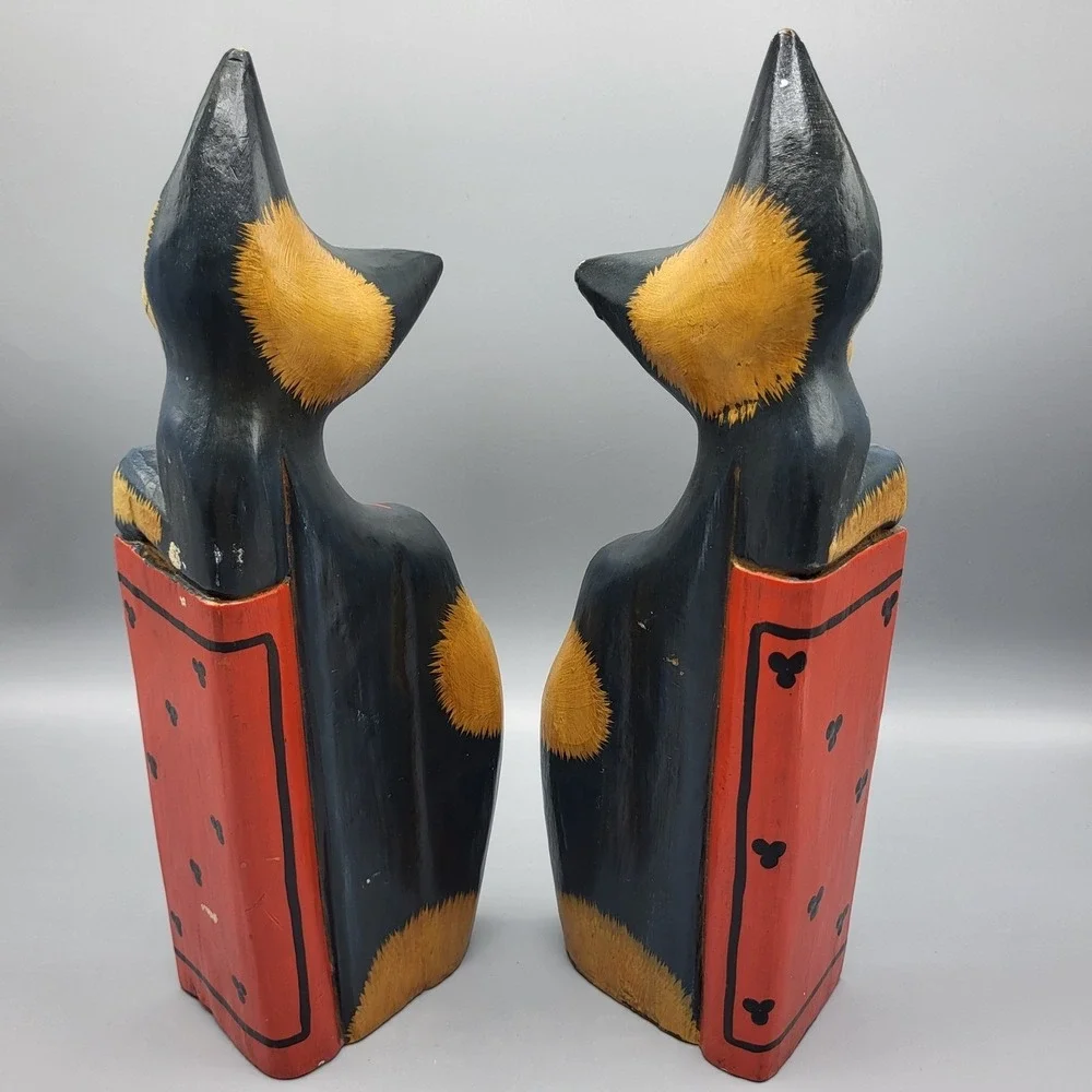 Wooden Cat Bookends Hand Painted Folk Art Colorful Shelf Decor Blue Yellow Red